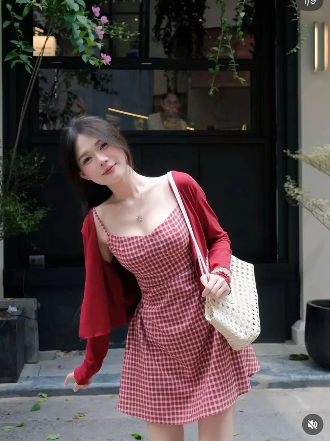 SIZE S ~~ V665 Set kẻ đỏ kèm khoác 6