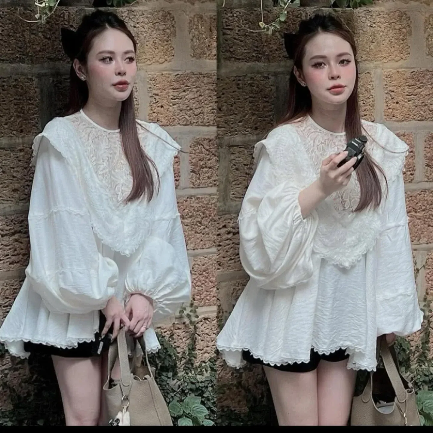 Áo Thô Đũi Dáng Babydoll Pha Ren Tay Dài 4