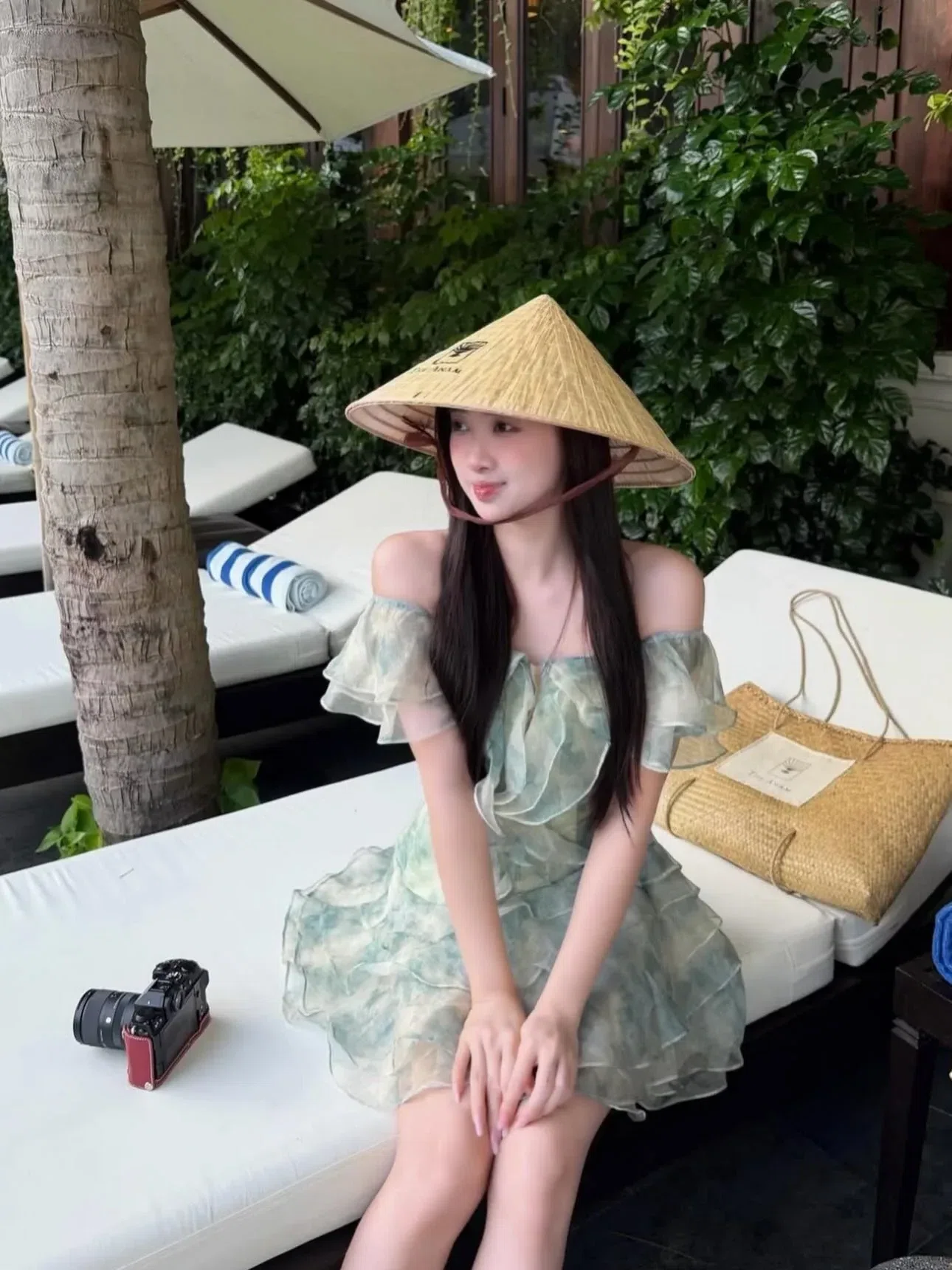 Váy trễ vai voan Olv xanh 11
