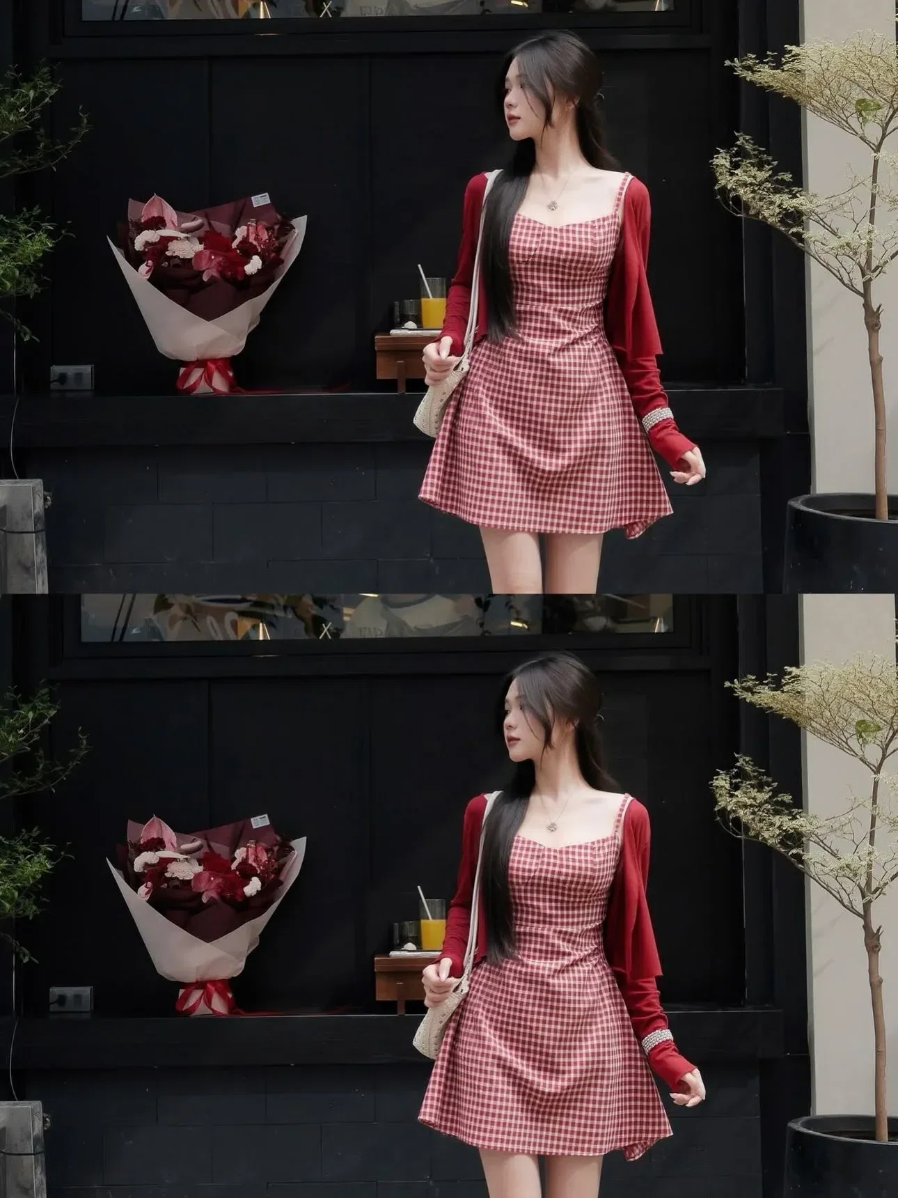 SIZE S ~~ V665 Set kẻ đỏ kèm khoác 4