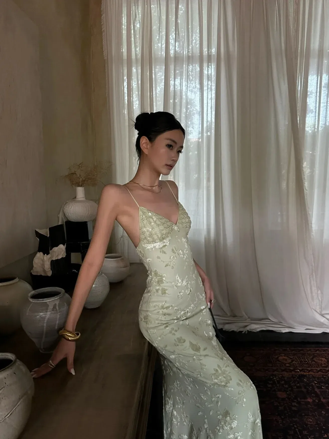 Váy xanh hoa ánh kim DX0016 4