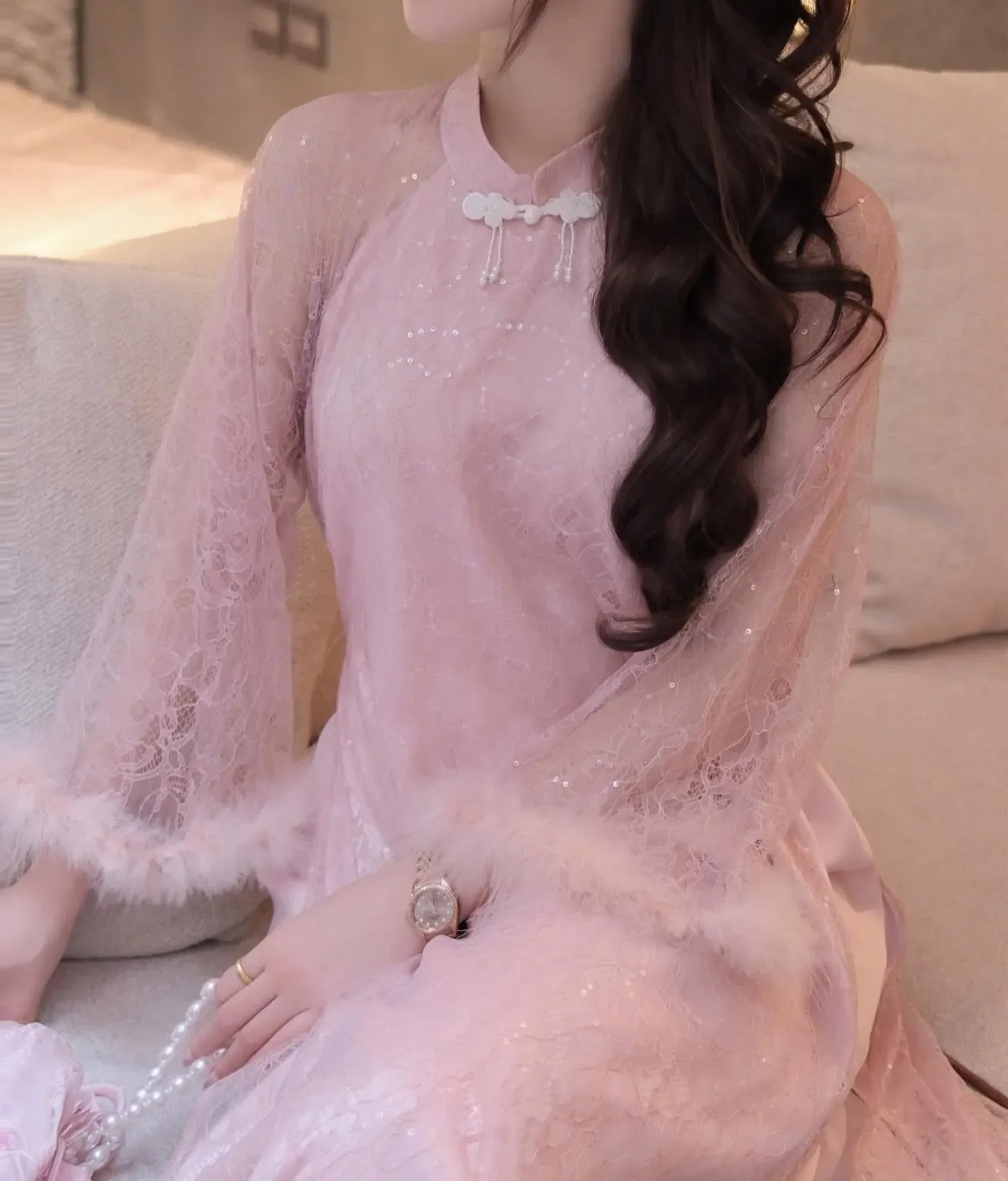 SET ÁO DÀI TAY REN PHỐI LÔNG 2