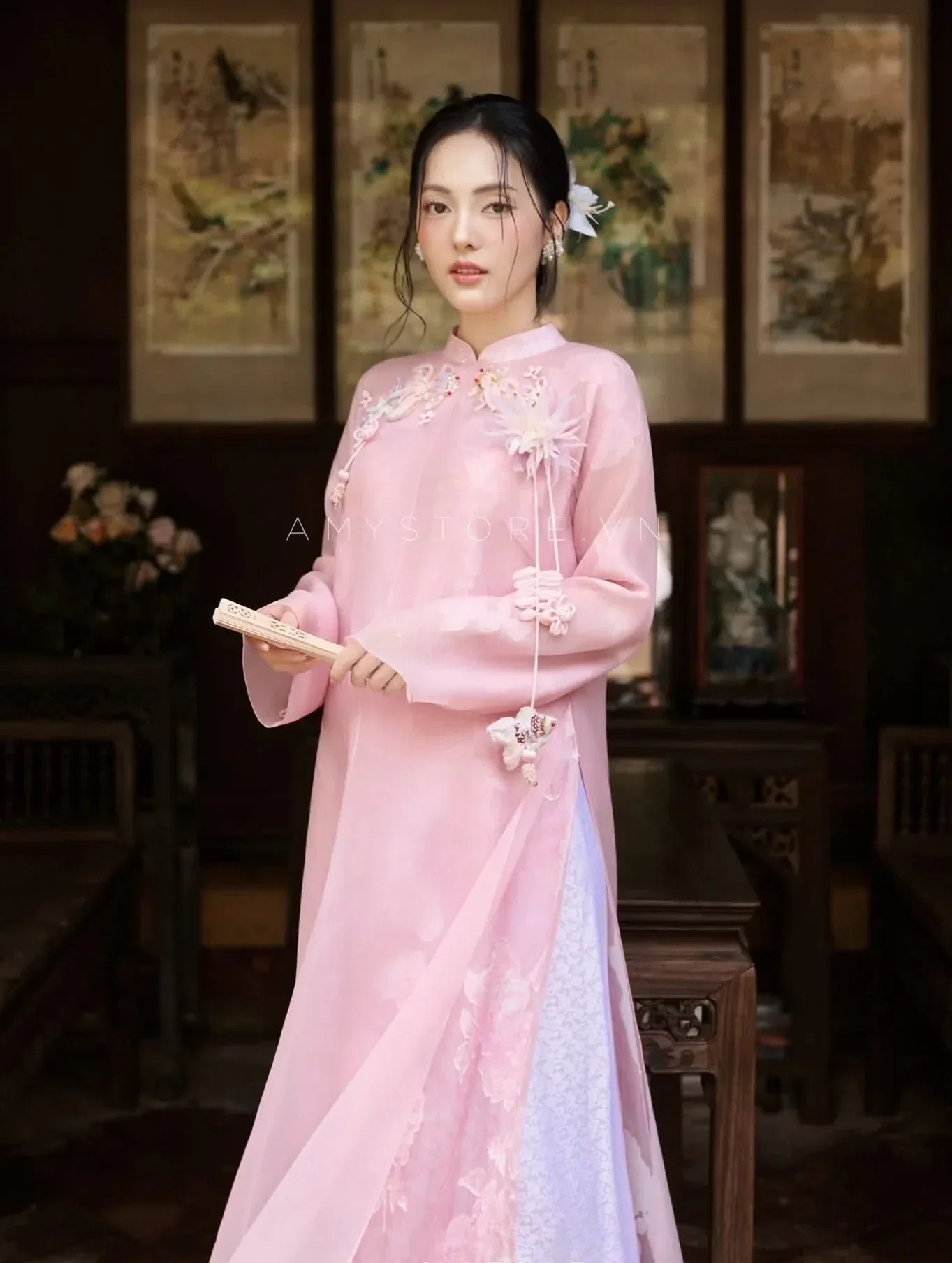 Amy Store áo dài hồng phấn size M fit S,M 3