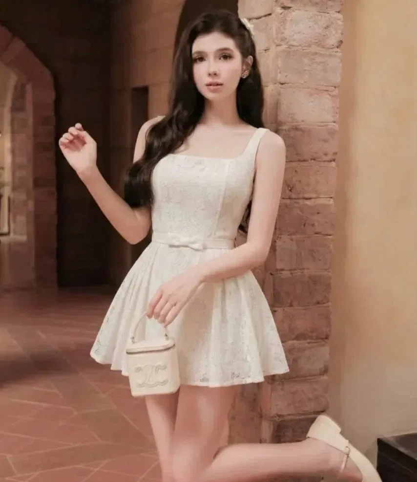 VÁY REN TRẮNG CỔ U THẮT EO 2