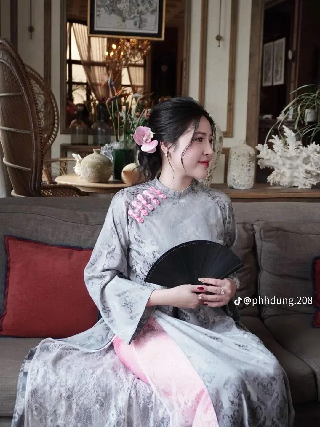 SET ÁO DÀI XÁM MIX CÚC HỒNG 3