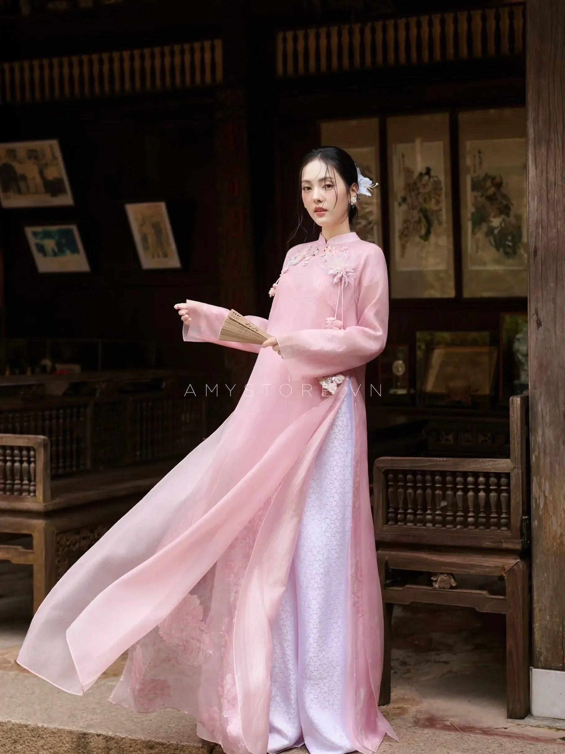 Amy Store áo dài hồng phấn size M fit S,M 1