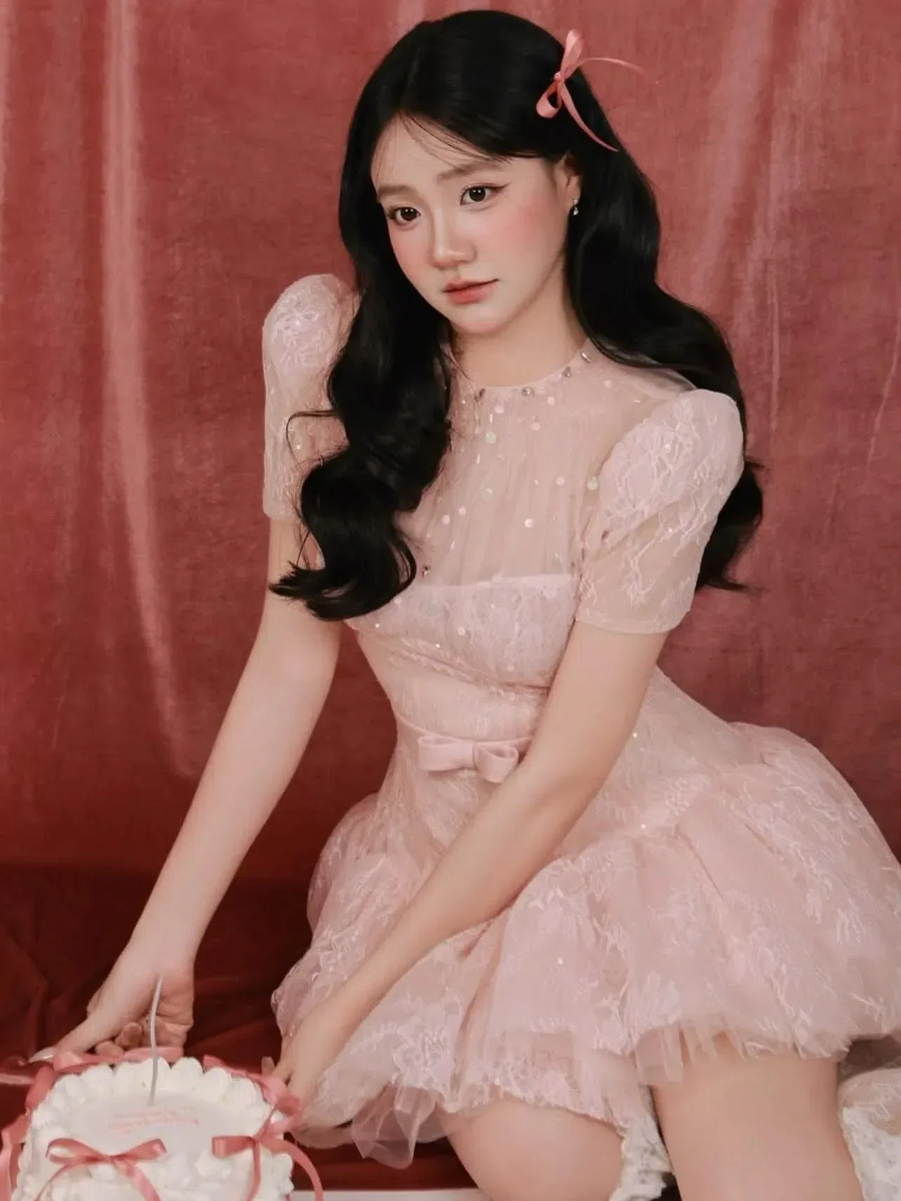 Chouchou V445 Đầm ren hồng đính cườm chouchou 3