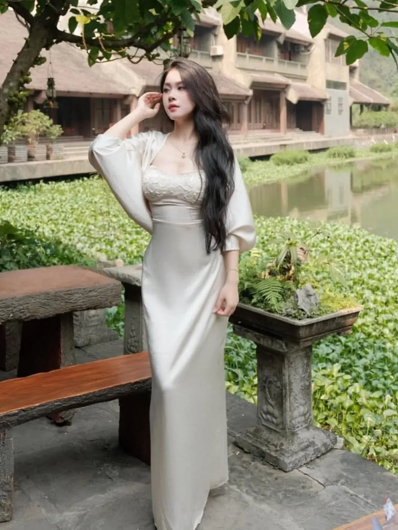 Sẵn HỒNG, KEM, XANH V408 Set lụa Tô Châu Kem size S 5
