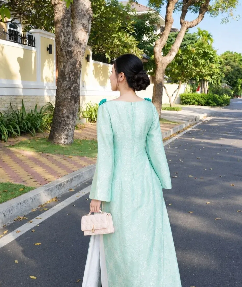 SET ÁO DÀI 4 TÀ LỤA GẤM XANH NGỌC 5
