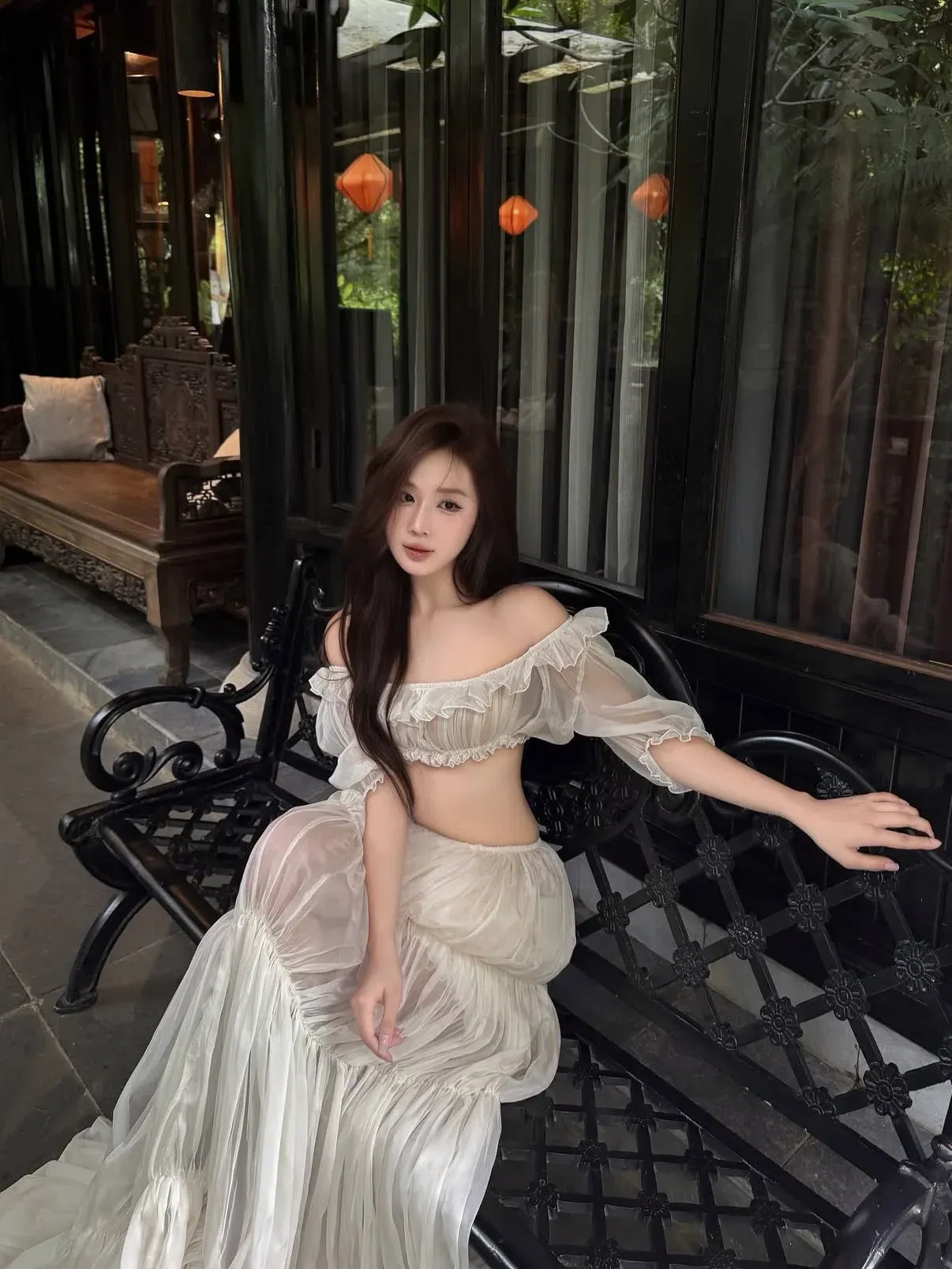 Set croptop dài tay kèm chân váy dài voan qccc - size M form freesize fit M, L 4