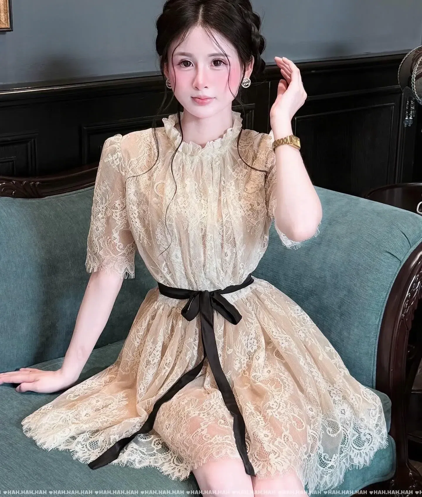 ĐẦM REN NƠ THẮT EO 2