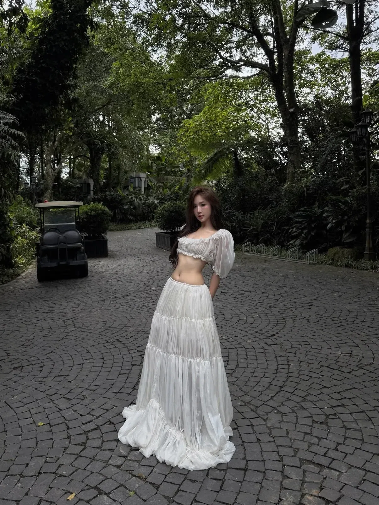 Set croptop dài tay kèm chân váy dài voan qccc - size M form freesize fit M, L 8