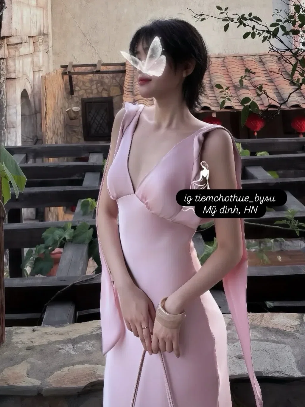 Váy lụa cổ V hở lưng HỒNG 4