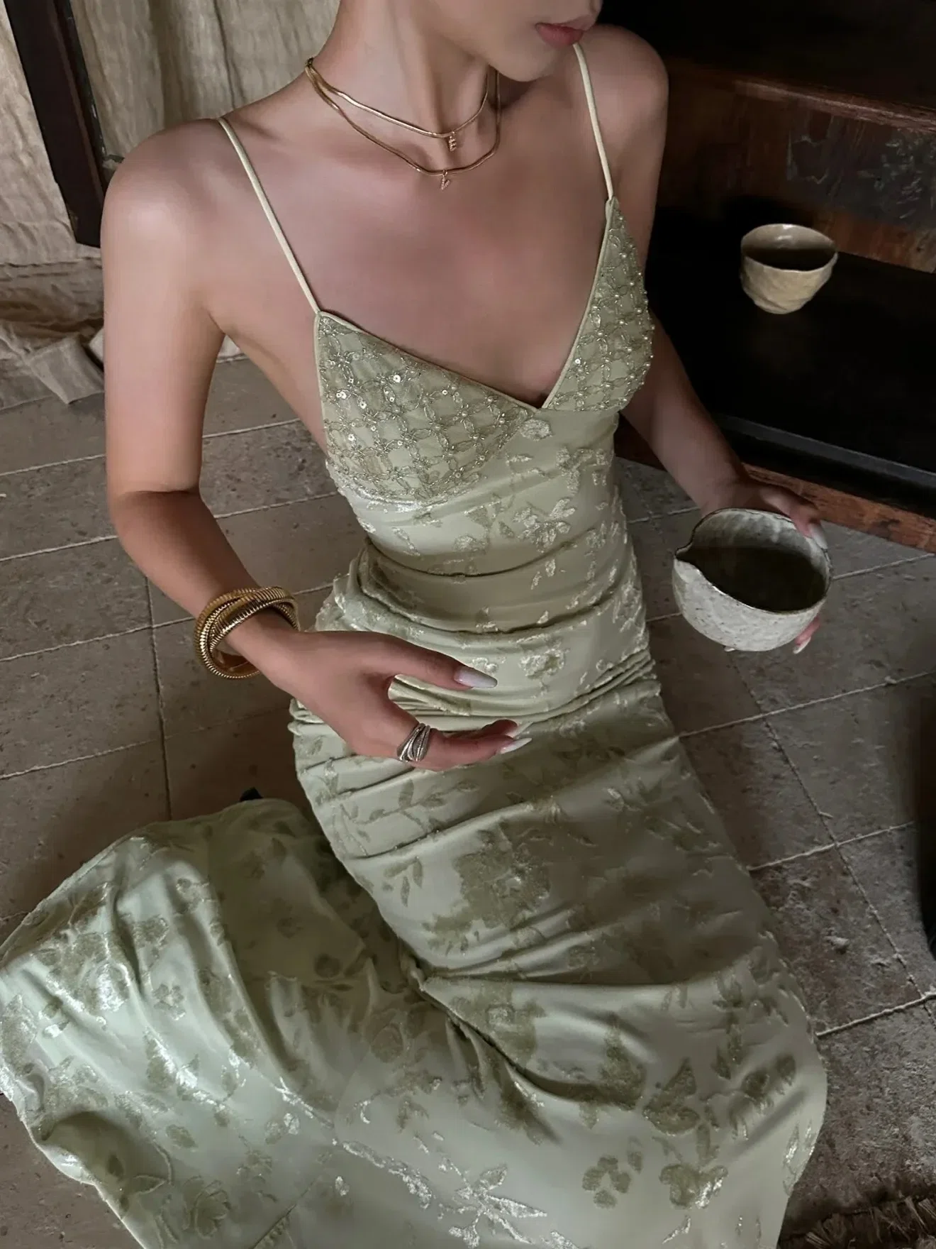 Váy xanh hoa ánh kim DX0016 2
