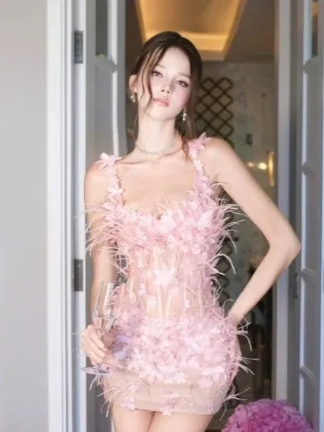 Thaobibi ~ Số 670 Đầm 2s lông phối hoa Hồng TBB 3