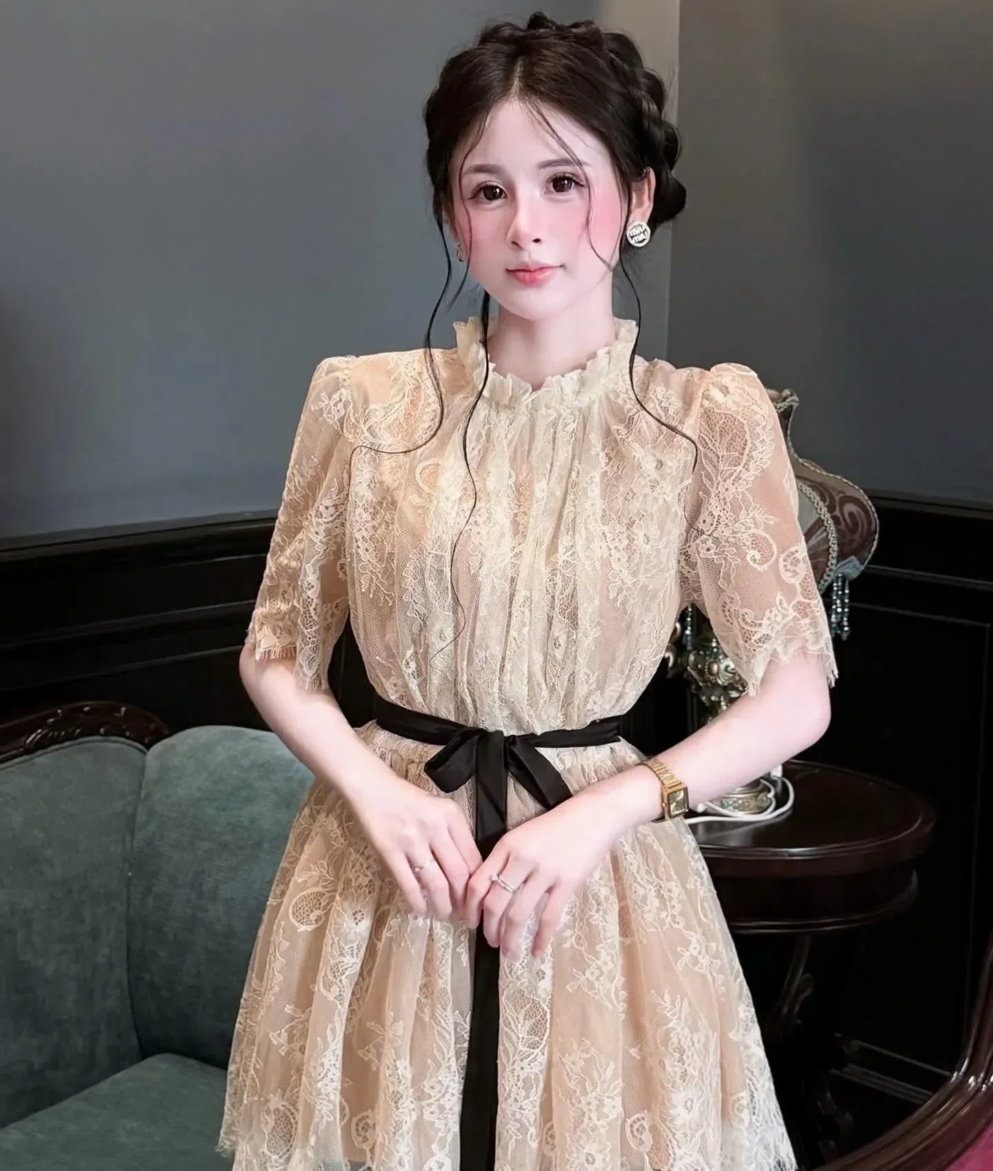 ĐẦM REN NƠ THẮT EO 4