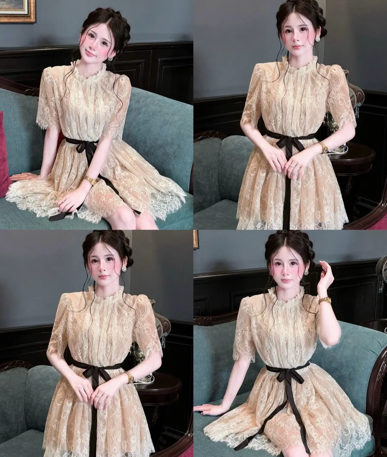 ĐẦM REN NƠ THẮT EO 1