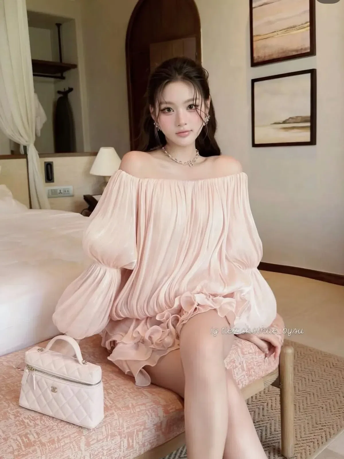 Chouchou Freesize Đầm trễ vai hồng V541 6