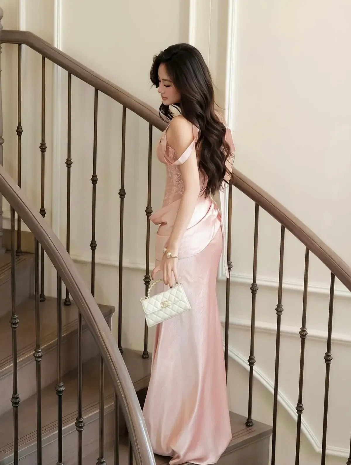 Đầm lụa hồng phối ren DH0027 4