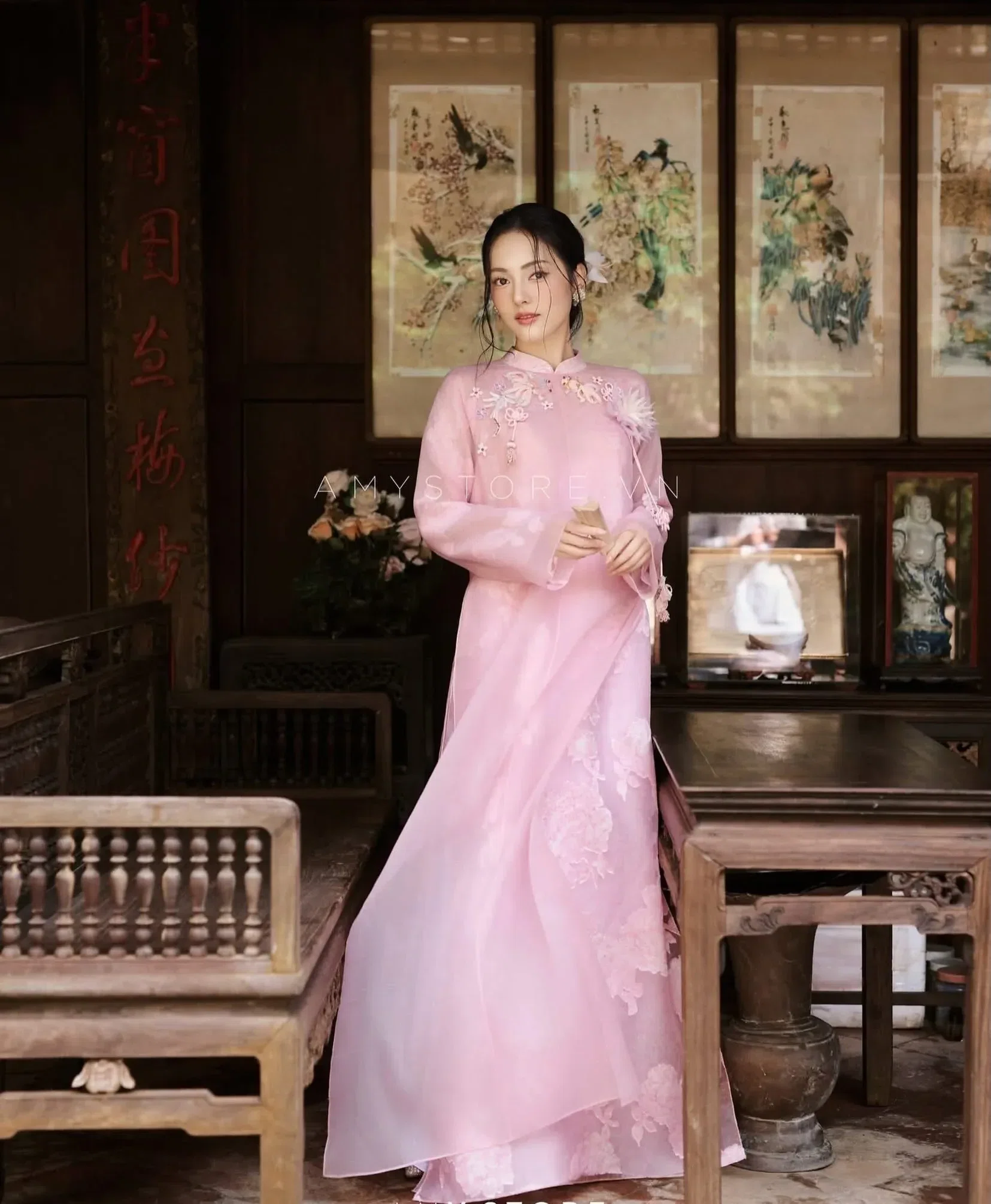 Amy Store áo dài hồng phấn size M fit S,M 1