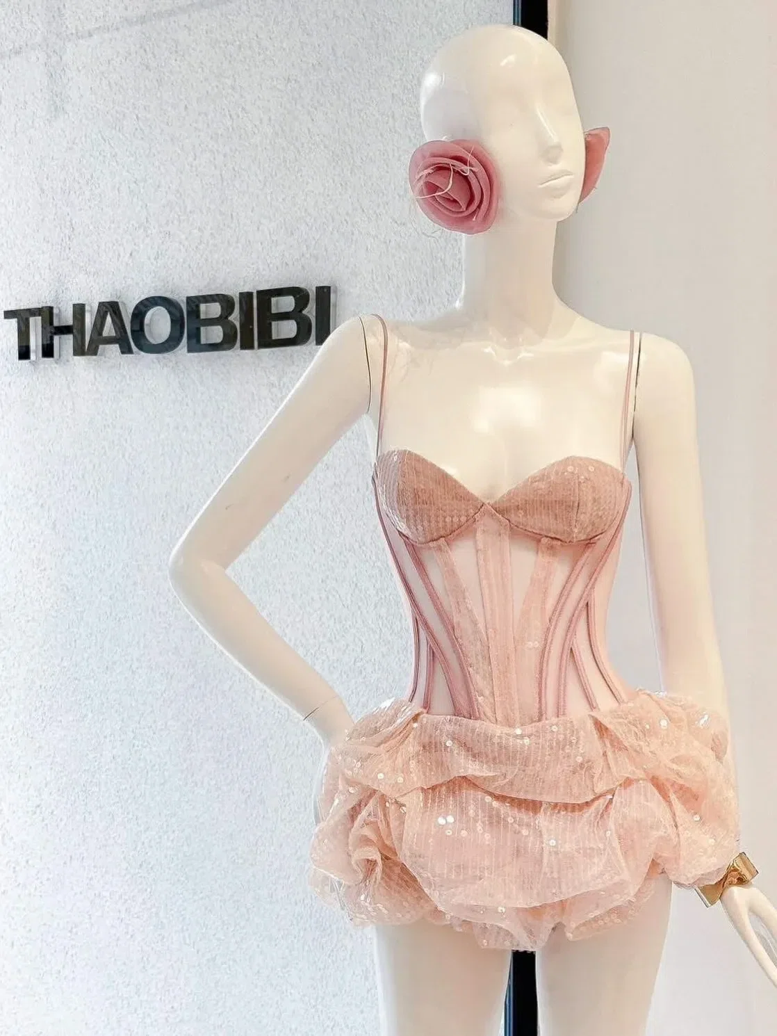 Đầm 2 dây kim sa Hồng Tbb 7