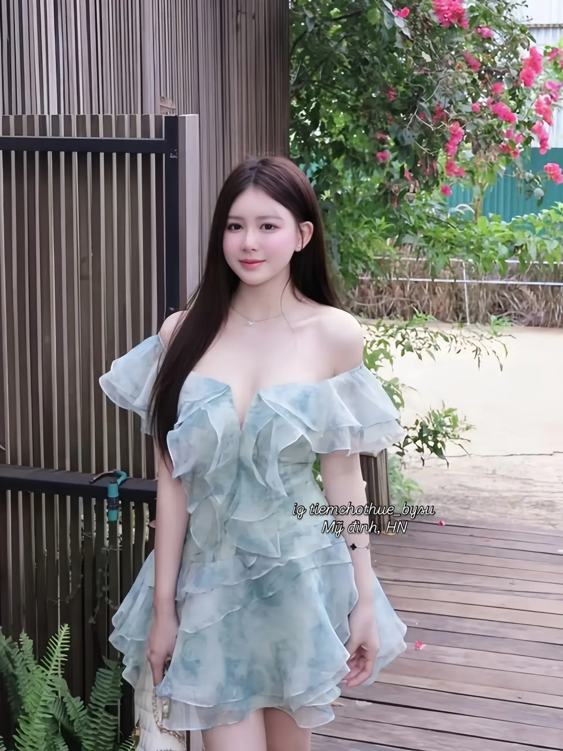 Brand: @olv.officiel Váy trễ vai voan Olv xanh 2