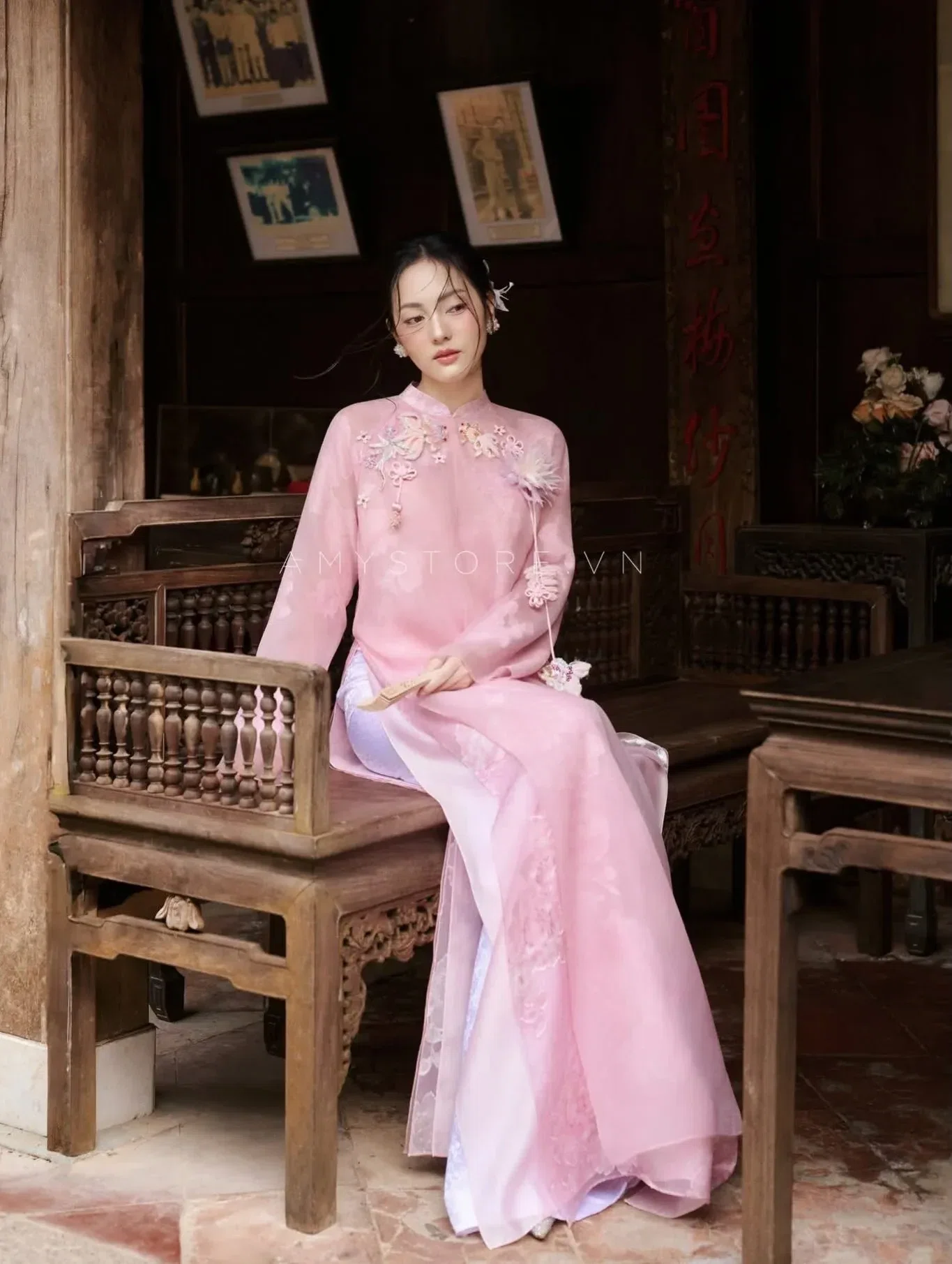 Amy Store áo dài hồng phấn size M fit S,M 1