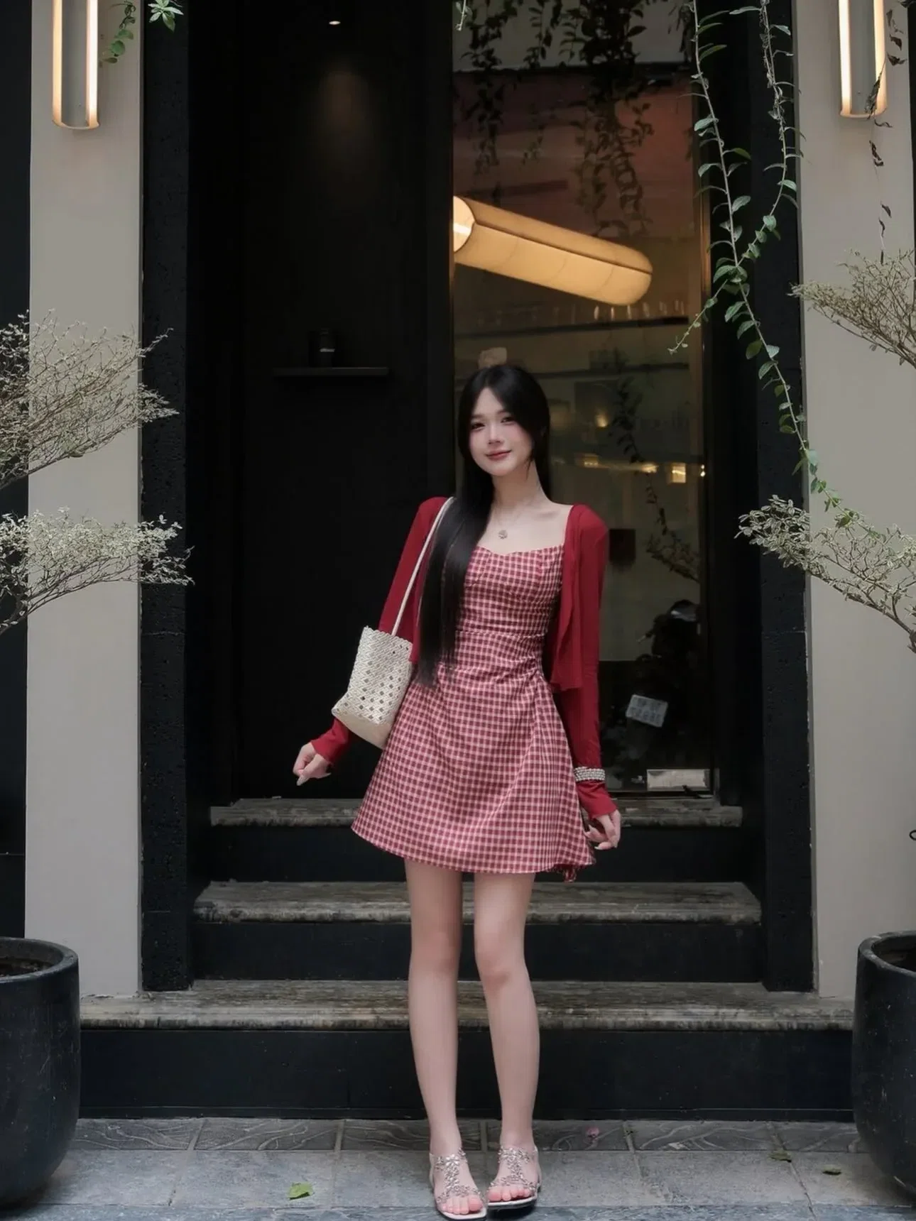 SIZE S ~~ V665 Set kẻ đỏ kèm khoác 3