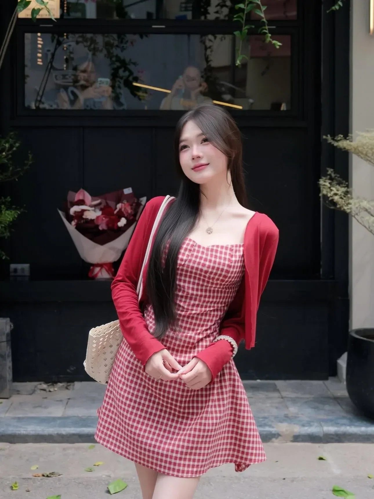 SIZE S ~~ V665 Set kẻ đỏ kèm khoác 1