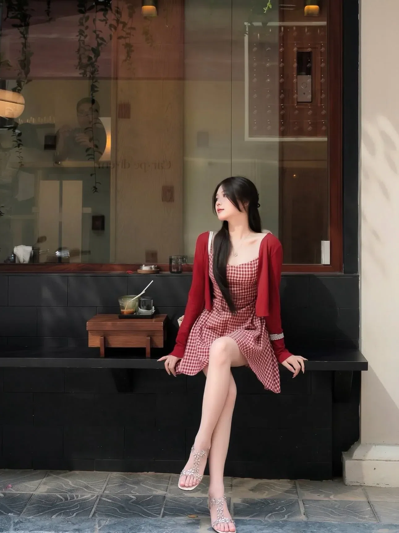 SIZE S ~~ V665 Set kẻ đỏ kèm khoác 2