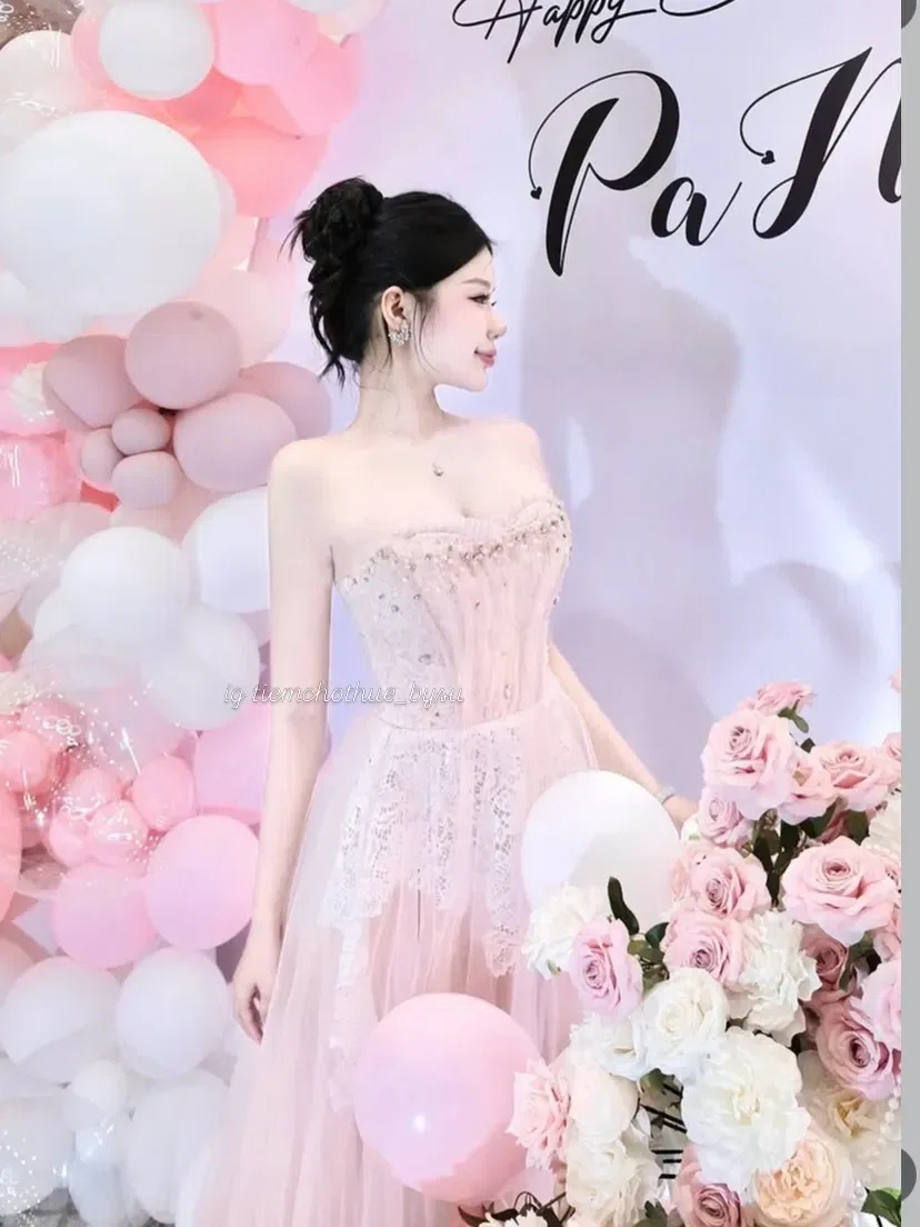 Tranali V399 Đầm cup lưới đính đá ngực màu HỒNG size S 7
