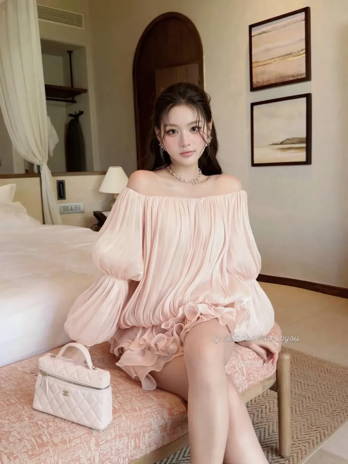 Chouchou Freesize V541 Đầm trễ vai hồng 2