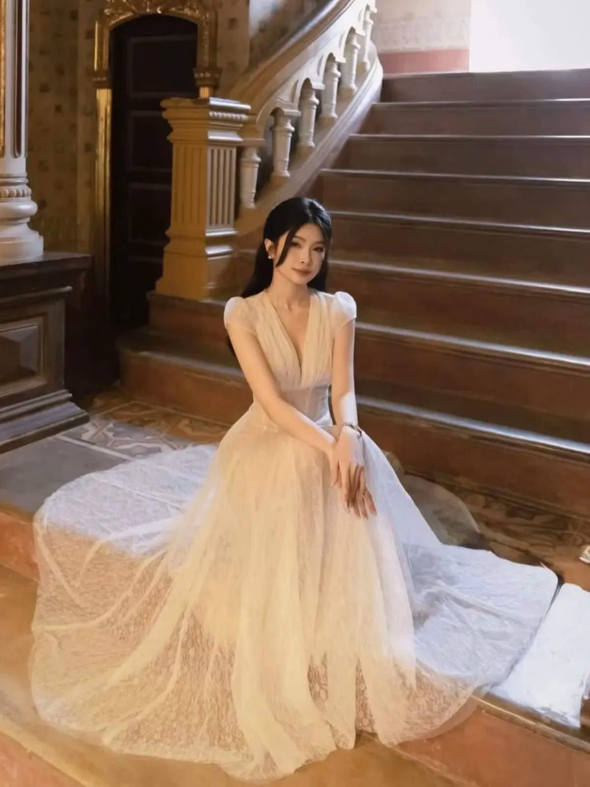 V397 ACELIA Đầm ren lưới màu kem by Sò Vintage 2