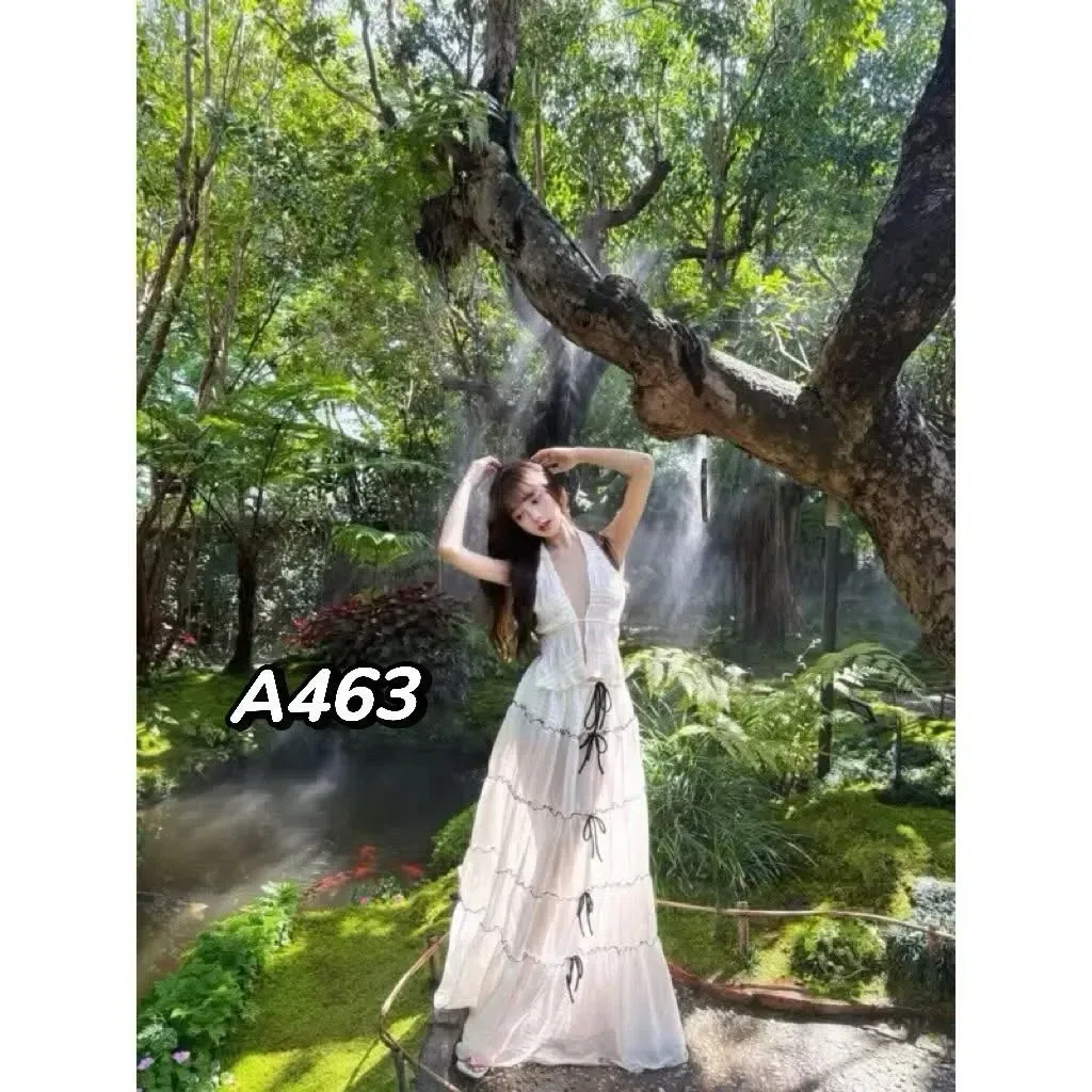 Set váy maxi trắng nơ đen 2