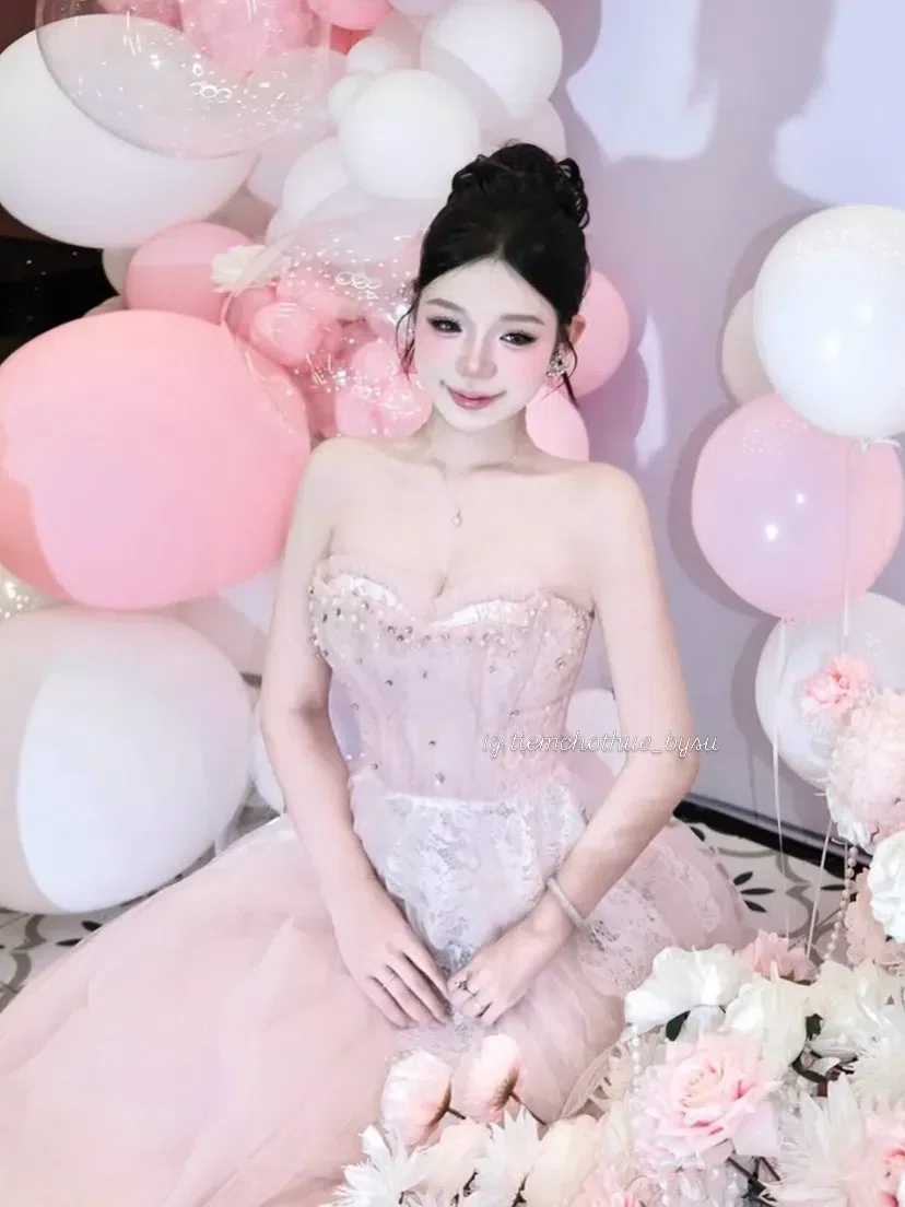 Tranali V399 Đầm cup lưới đính đá ngực màu HỒNG size S 5