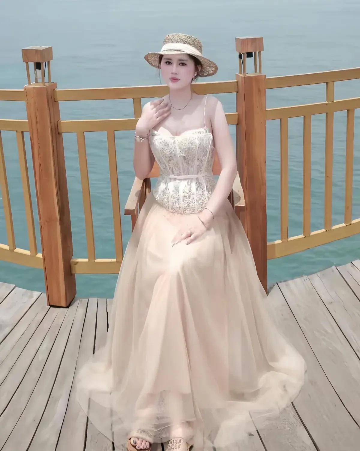 Váy ren dáng dài đính nơ eo 3