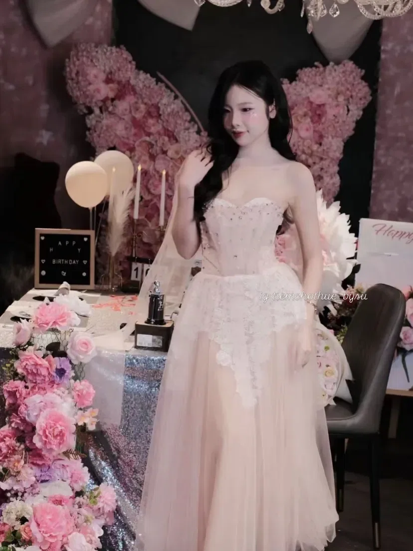 Tranali V399 Đầm cup lưới đính đá ngực màu HỒNG size S 4