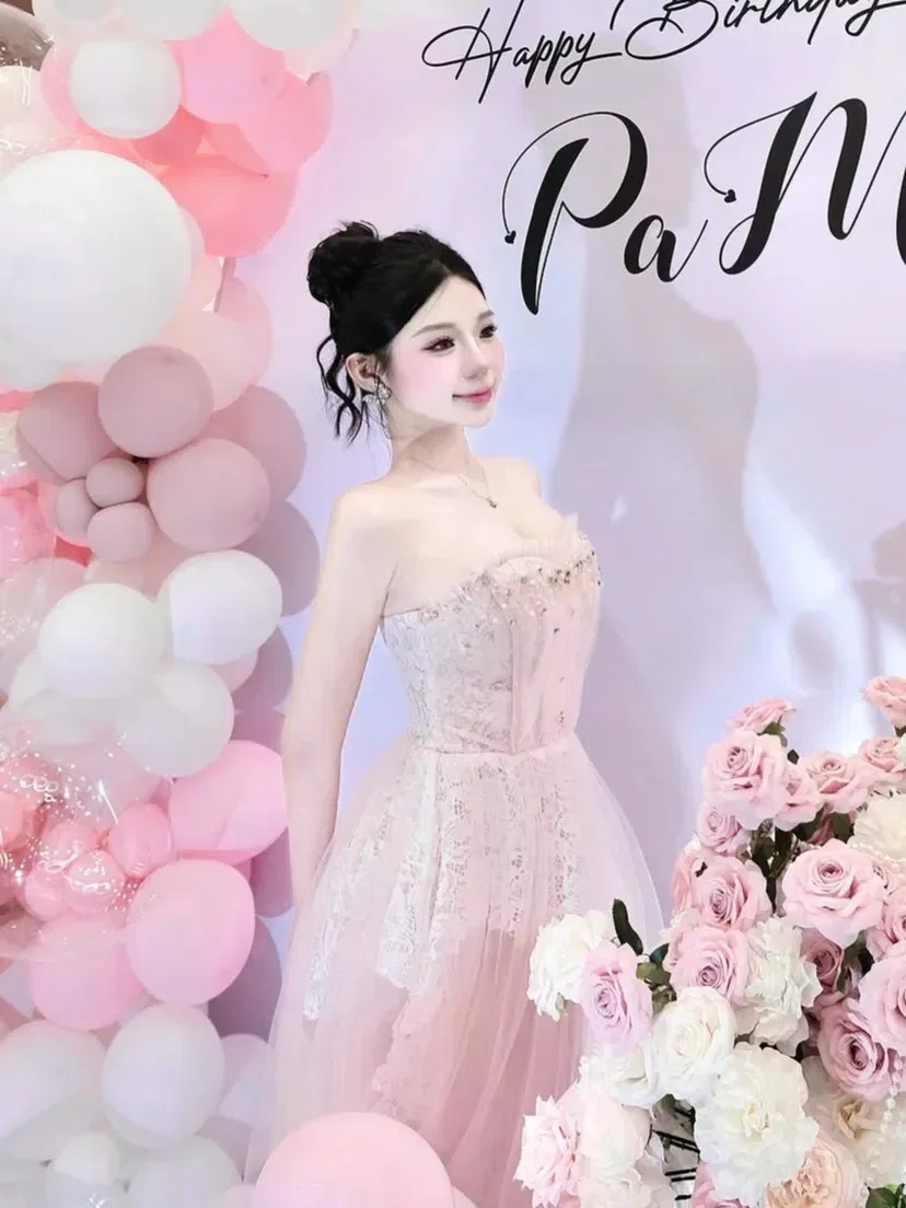 Tranali V399 Đầm cup lưới đính đá ngực màu HỒNG size S 6