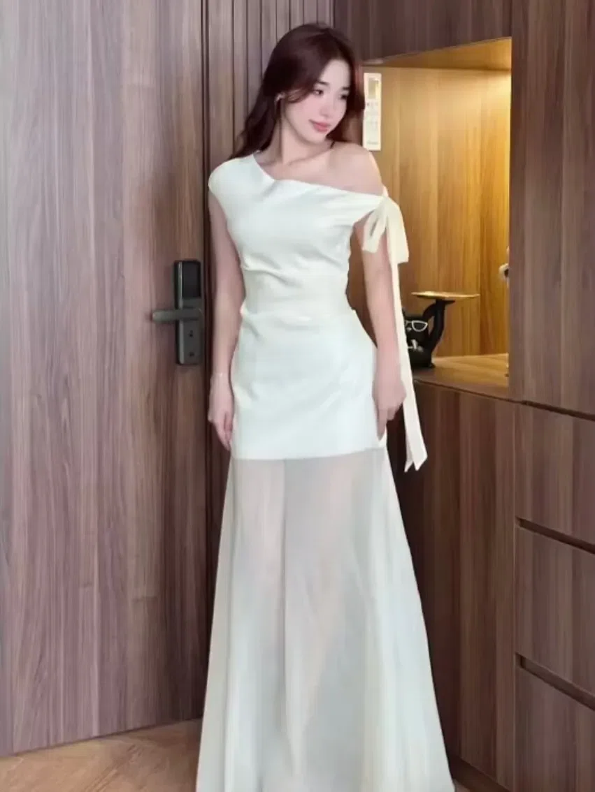 V222-V524 Váy trễ vai buộc lệch dáng dài 2