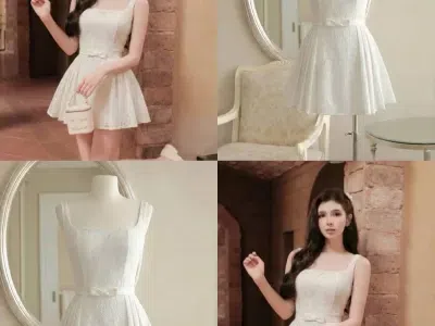 VÁY REN TRẮNG CỔ U THẮT EO
