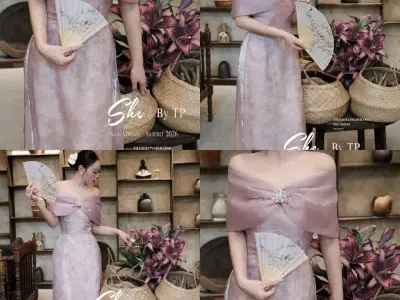 SET ÁO DÀI NƠNG TRỀN VAI PHỐI QUẦN REN