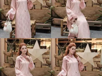 SET ÁO DÀI HỒNG NƠ VAI