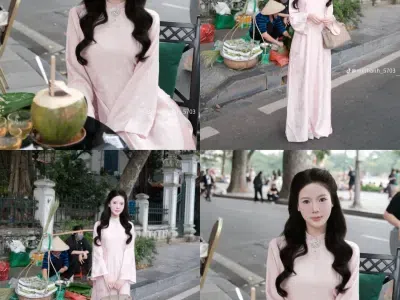 SET ÁO DÀI HỒNG CỔ ĐÁ