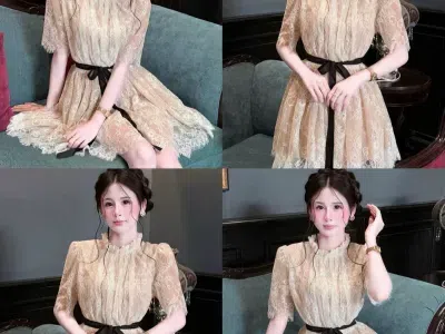 ĐẦM REN NƠ THẮT EO
