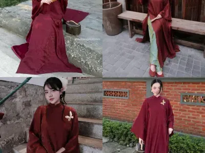 SET ÁO DÀI ĐỎ ĐÔ KÈM TAG BƯỚM
