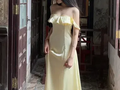 Váy lụa dài tay trễ bèo
