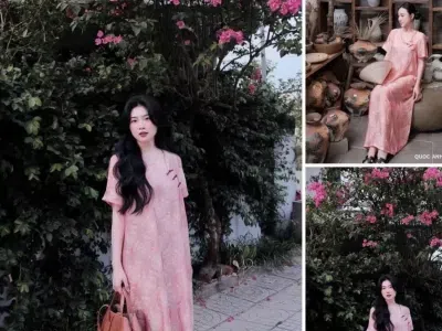 VÁY LỤA GẤM CỔ CHÉO CÚC TÀU