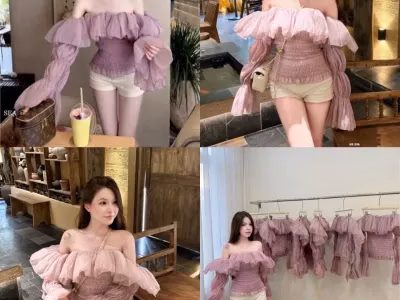 Áo trễ vai tay bồng chấm bi tím