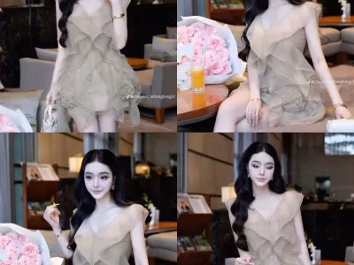VÁY BÈO HOA NÂU NUDE