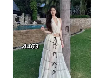 Set váy maxi trắng nơ đen
